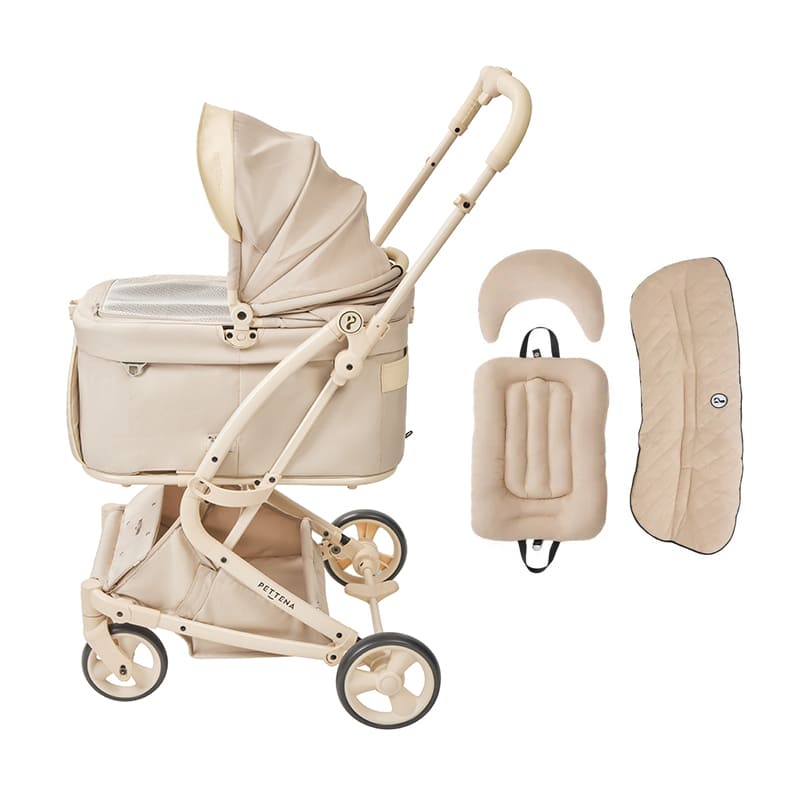 あごのせ付きPETTENA milou small saizペットカート(クリームベージュ)と「ダイヤ柄セット」。厚みのあるクッションが移動中の振動を和らげ、愛犬が安心してぐっすり眠れる極上の快適仕様。