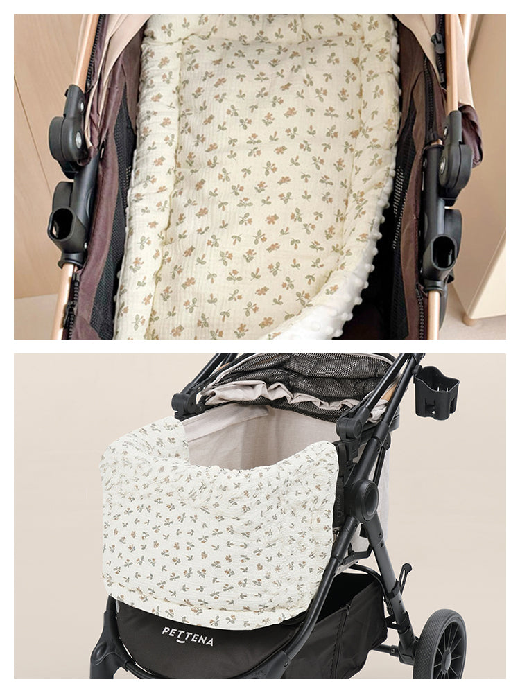 TERRA専用花柄クッションの装着例。上段はカート内部に敷いたマット、下段は外側から見たあご乗せカバーのセットアップ画像です。