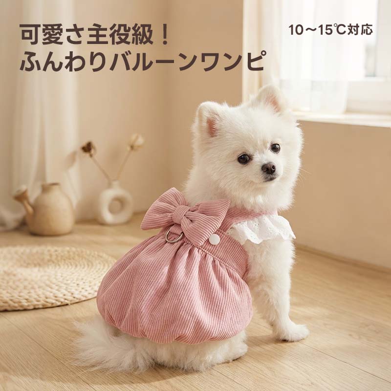 PETTENAのふんわりバルーンワンピース。スモーキーピンクのコーデュロイ素材に立体的なパンプキンシルエットが特徴で、背中の大きなリボンが可愛い主役級のデザイン。ドッグウェアとしての機能性と、おしゃれな質感の両立を追求した一着。