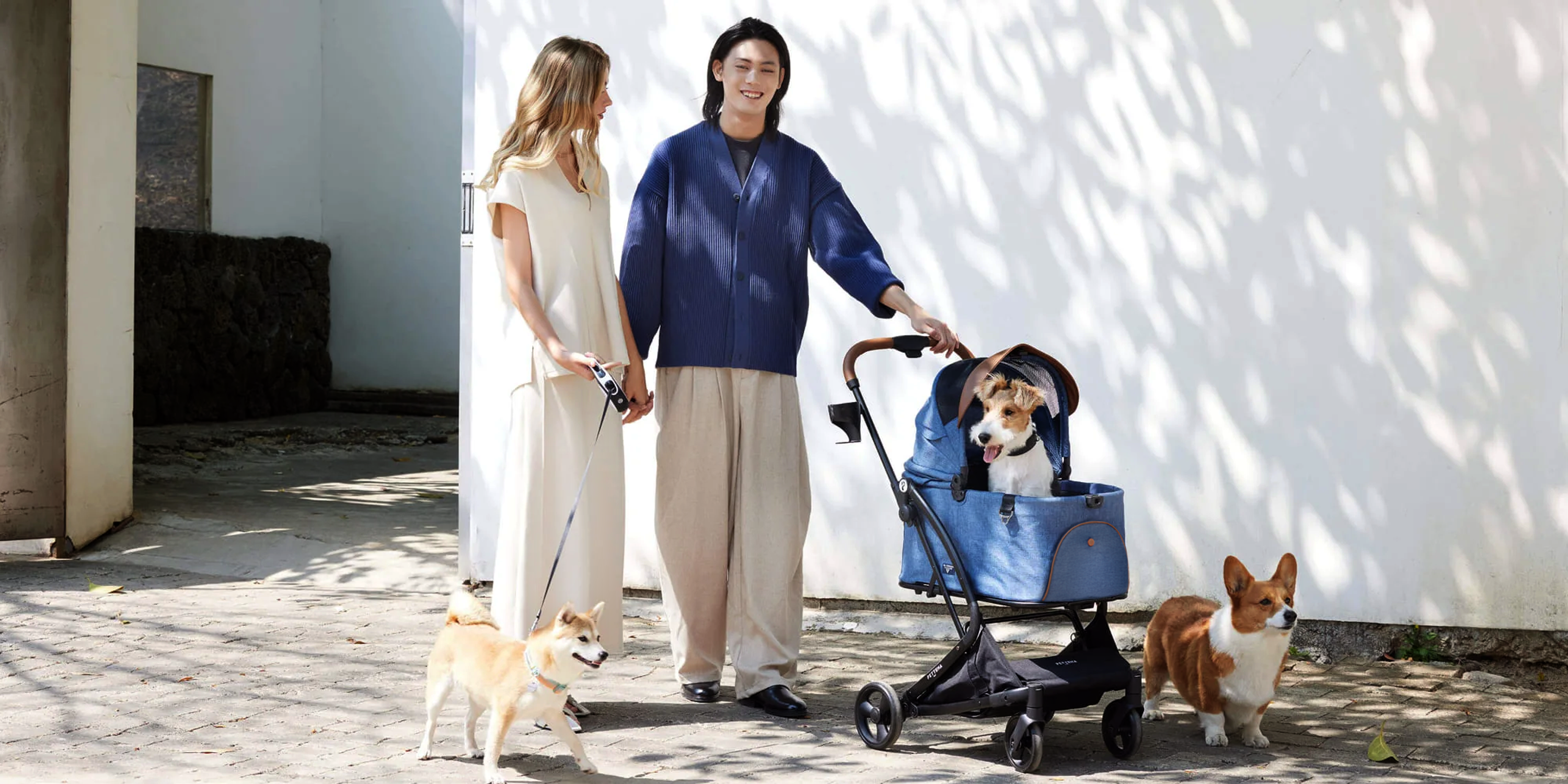 PETTENA ワンタッチ折りたたみ式分離型MILOUペットカートで3匹犬と出かけて散歩する写真