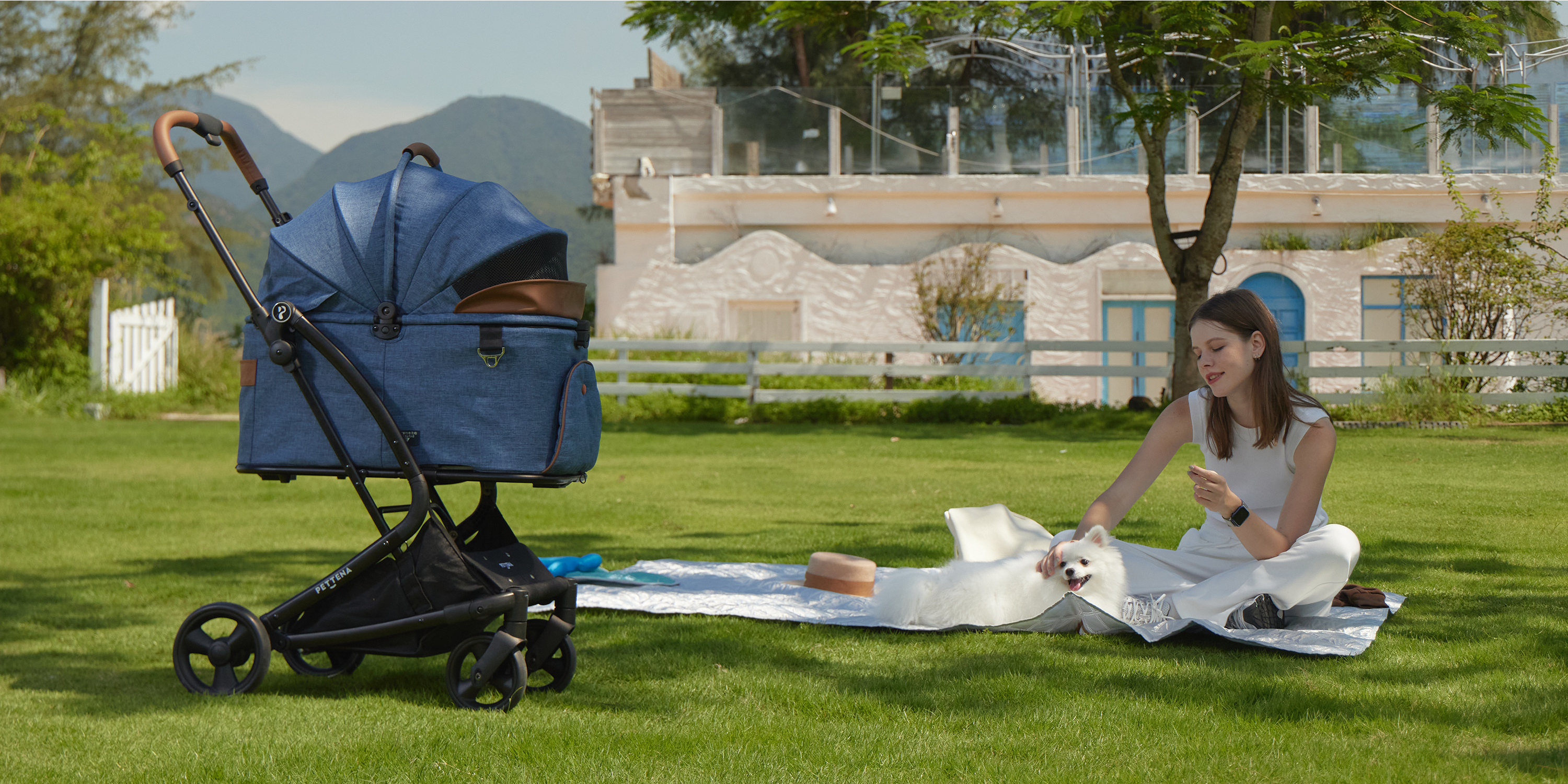 PETTENA ワンタッチ折りたたみ式分離型MILOUペットカートでポメラニアン犬とキャンプする写真