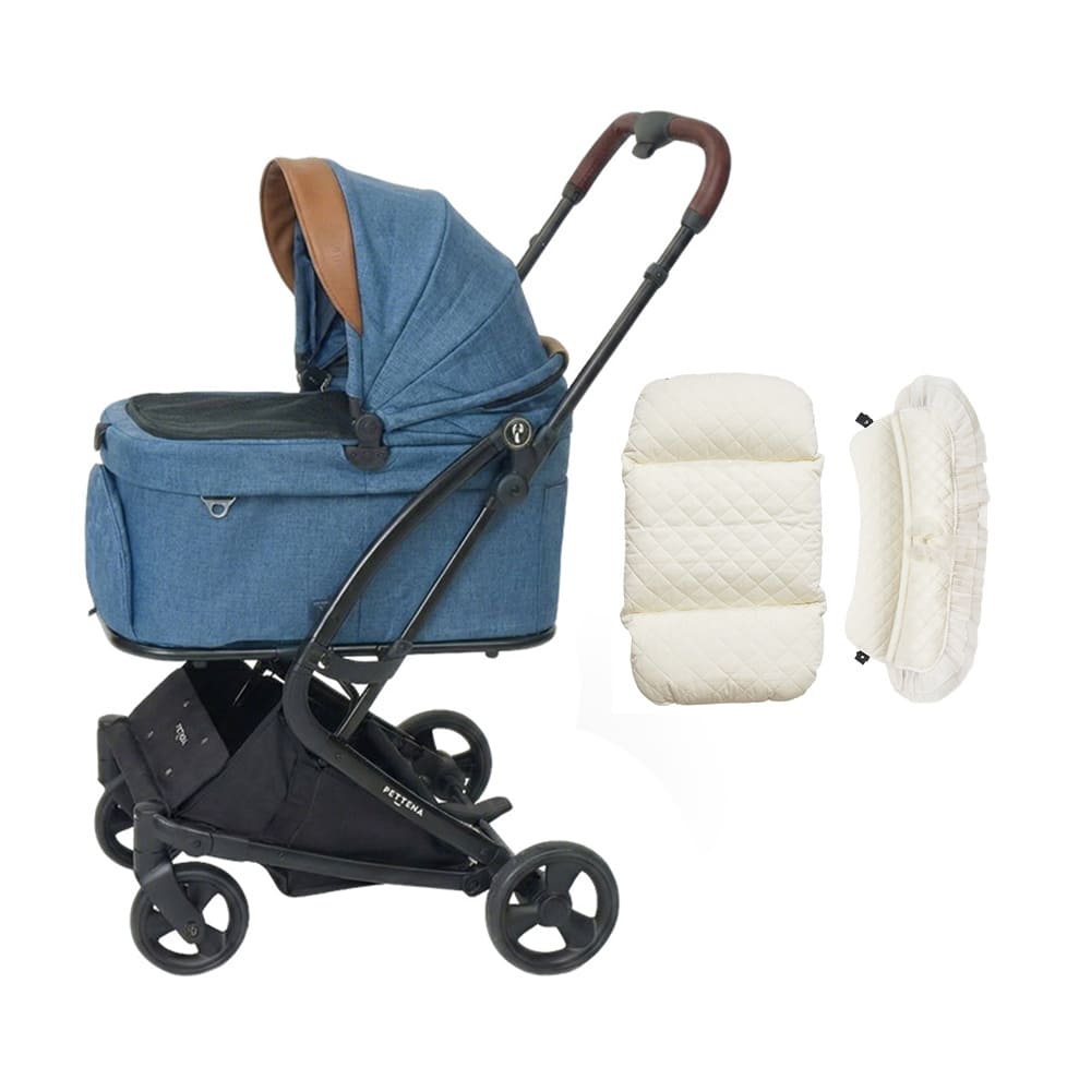 PETTENA MILOU Small saiz 電車移動中も愛犬がリラックスできる、プリンセス風クッション付きのネイビー色ペットカート。専用電車カバーで顔出しNGルールをクリアしつつ、厚みのあるクッションで衝撃を吸収。長時間の外出でも負担が少ない、優しさに満ちた設計。ココアモカ