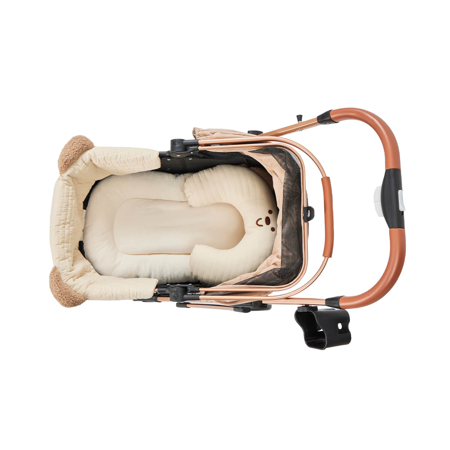 ベージュベア(3点セット)がカートに敷かれた様子。愛犬の快適空間を創出、洗濯可能で清潔に保てる。デザイン豊富でおしゃれに、外出時のストレス軽減に最適!