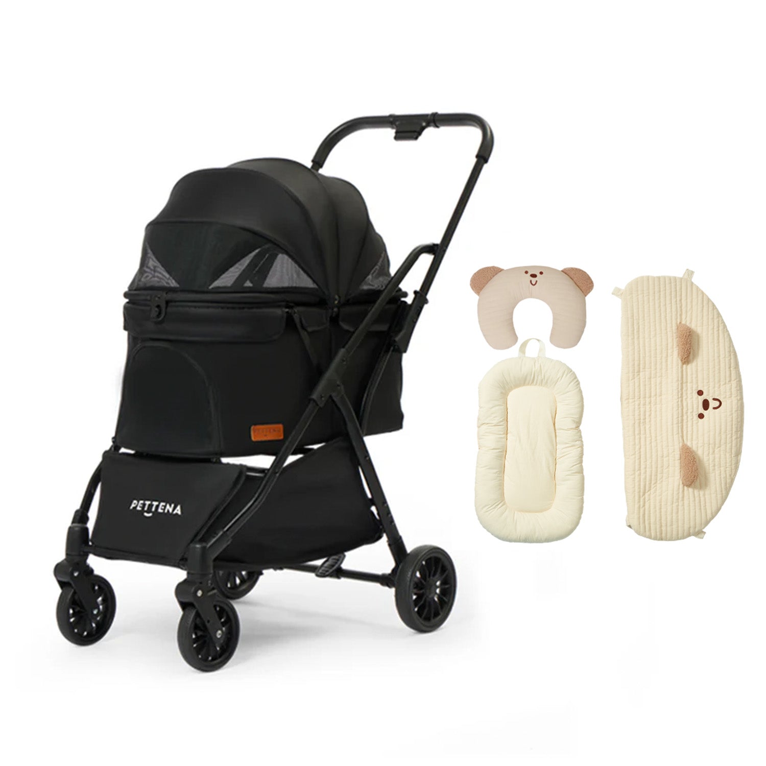 PETTENAペットカート新作「キルティングクッションベージュベア3点セット」!360°メッシュで通気性抜群、暑い日も快適。柔らか肌触り+可愛いベアデザインで、ドライブ、散歩など様々シーンで愛宠の幸せ時間をサポートする一品。