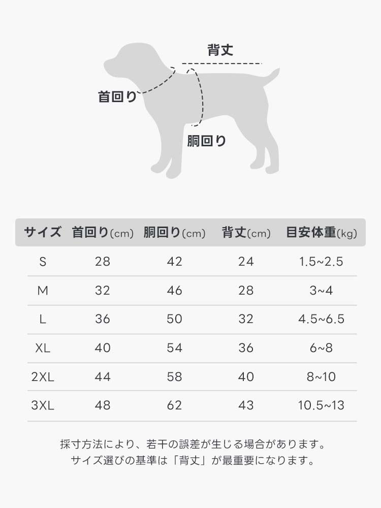 Sから3XLまでのサイズ詳細と、首回り・胴回り・背丈の測定方法を解説したサイズチャート。各サイズごとの目安体重も掲載しており、愛犬に最適な大きさを選ぶための「背丈」を重視した親切なフィッティングガイドです。