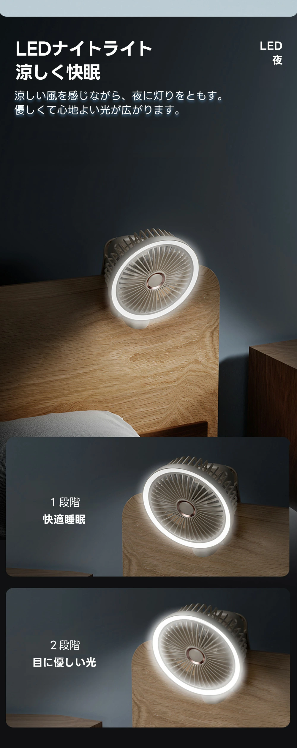 ペットカート暑さ対策用壁掛け扇風機のLEDナイトライト機能