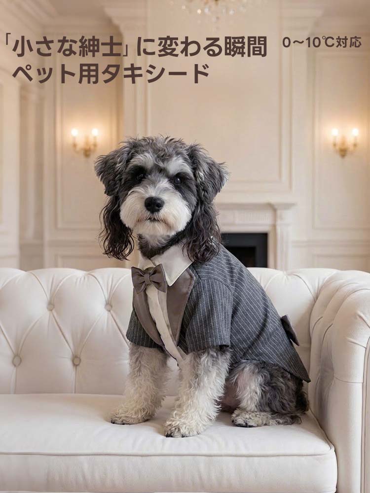 0~10℃の気温に対応した裏地付きの厚手ペット服。寒さ対策をしながら、ストライプ柄のジャケットが愛犬のシルエットを美しく整えます。ドッグカフェでの集まりや家族の記念写真など、フォーマルな装いが必要な場面に最適。