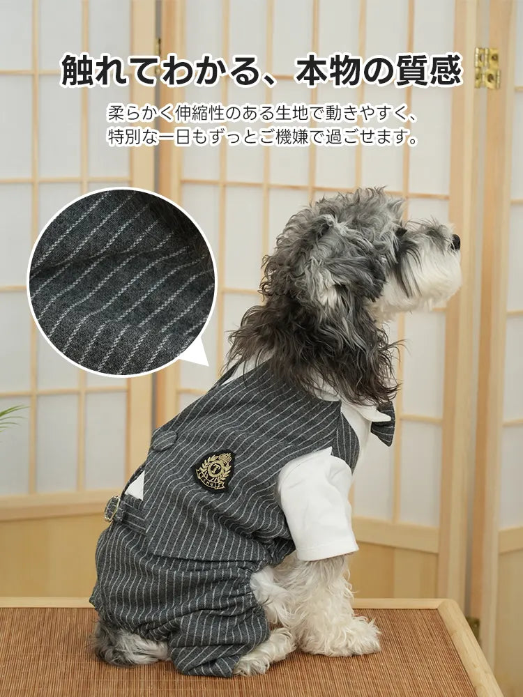 伸縮性のある素材を採用し、動きやすさと肌触りの良さを追求したフォーマルウェア。長時間の着用でも愛犬がご機嫌に過ごせるよう、ストレスフリーな着心地を実現したロンパース。