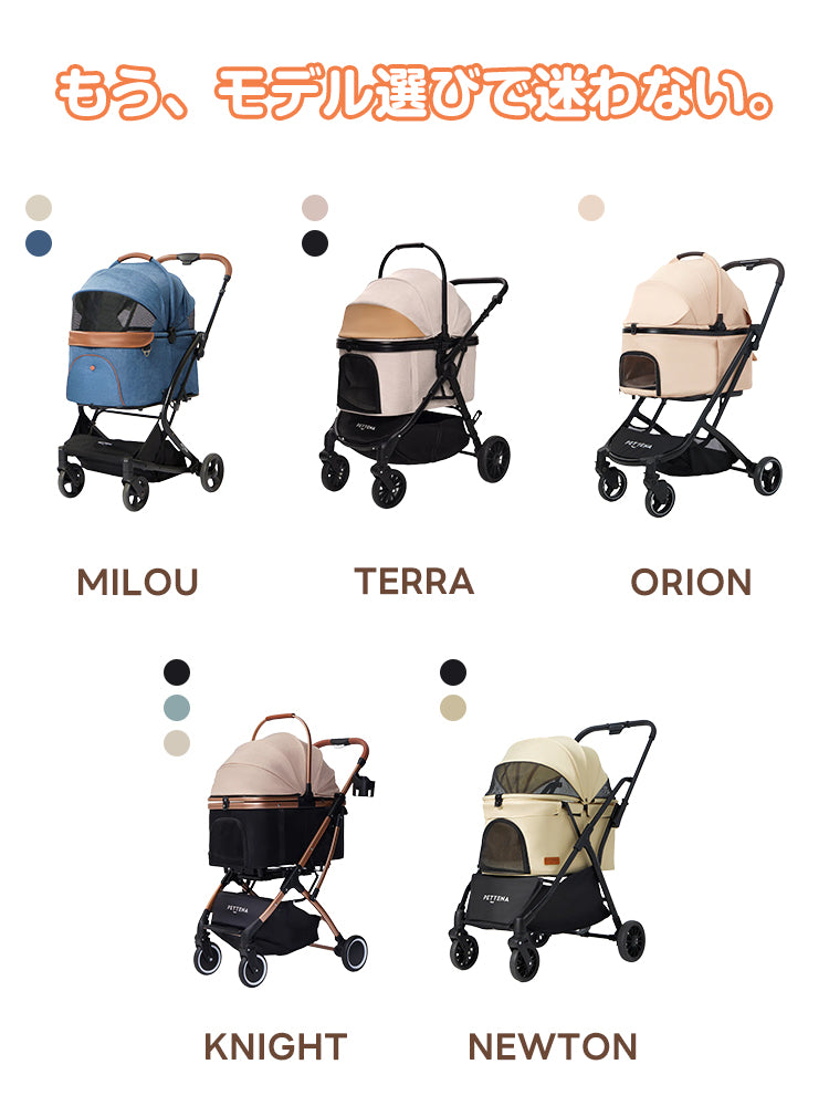 PETTENA製ペットカート全モデルに対応。MILOUからNEWTONまで、どの機種のハンドルにも装着可能な冬用ハンドマフの対応表。