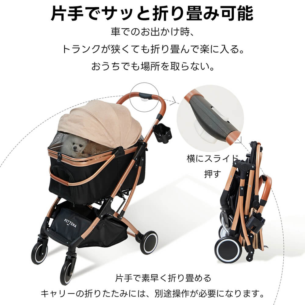 PETTENA軽量一体型NEWTON自動折り畳みペットカート、耐荷重20KG。片手でサッと折り畳み、車トランク狭くても楽入り。自立可能でお家でも場所取らず。多頭・中型犬猫用、多機能&安定性高い便利グッズ