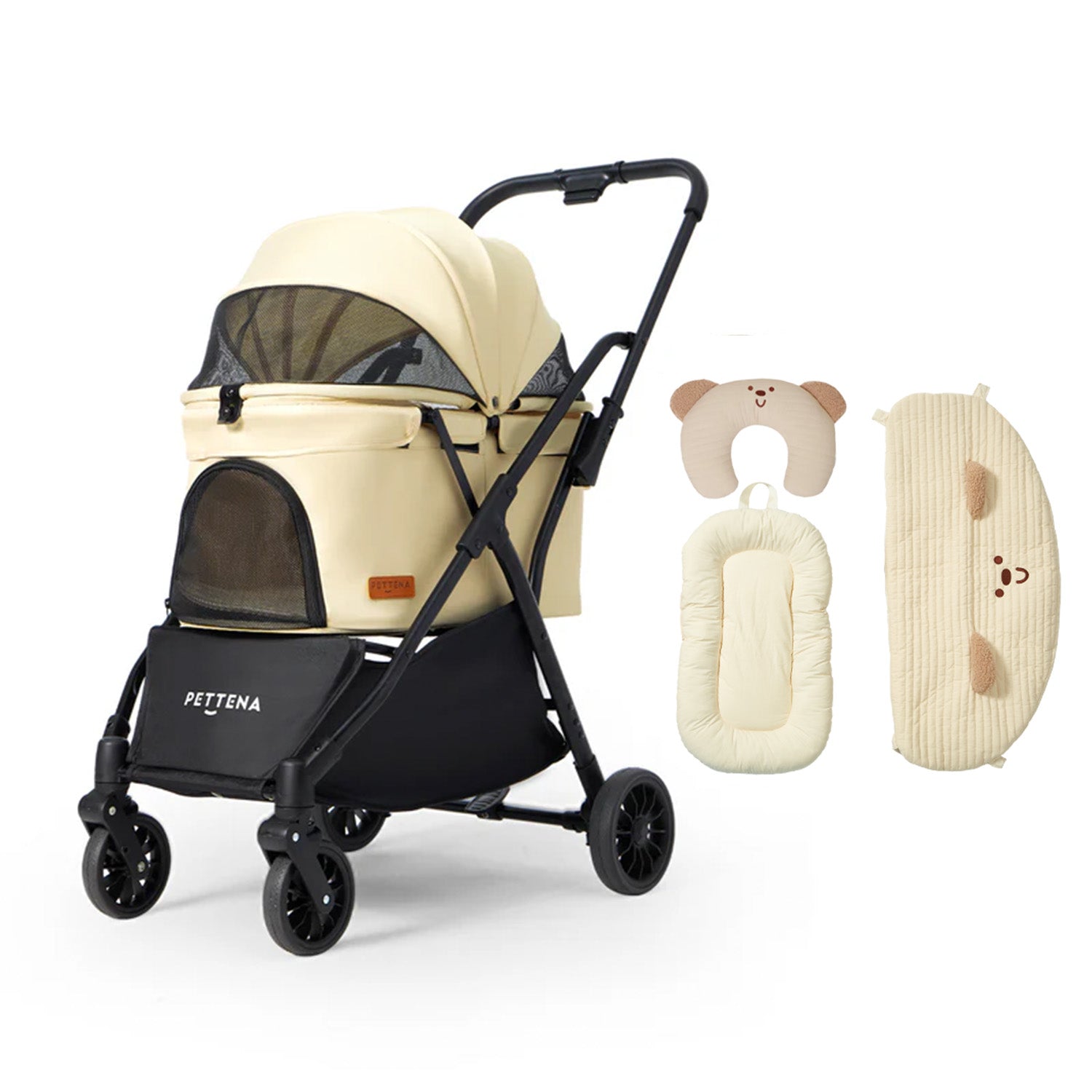 PETTENAペットカート新作「キルティングクッションベージュベア3点セット」!360°メッシュで通気性抜群、暑い日も快適。柔らか肌触り+可愛いベアデザインで、ドライブ、散歩など様々シーンで愛宠の幸せ時間をサポートする一品。