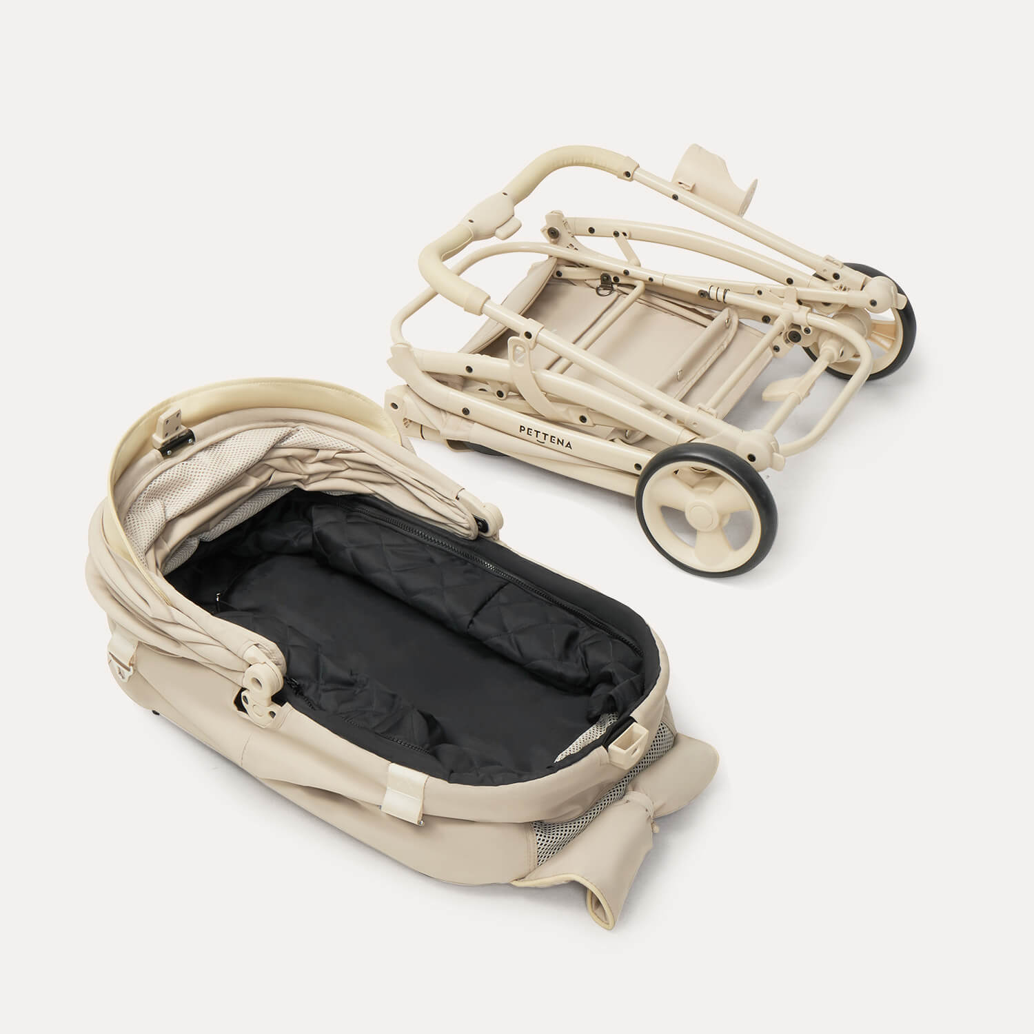 PETTENA ワンタッチ折りたたみ式分離型ペットカートMILOUベージュ色が分離されてコンパクトに折りたたんだ様子