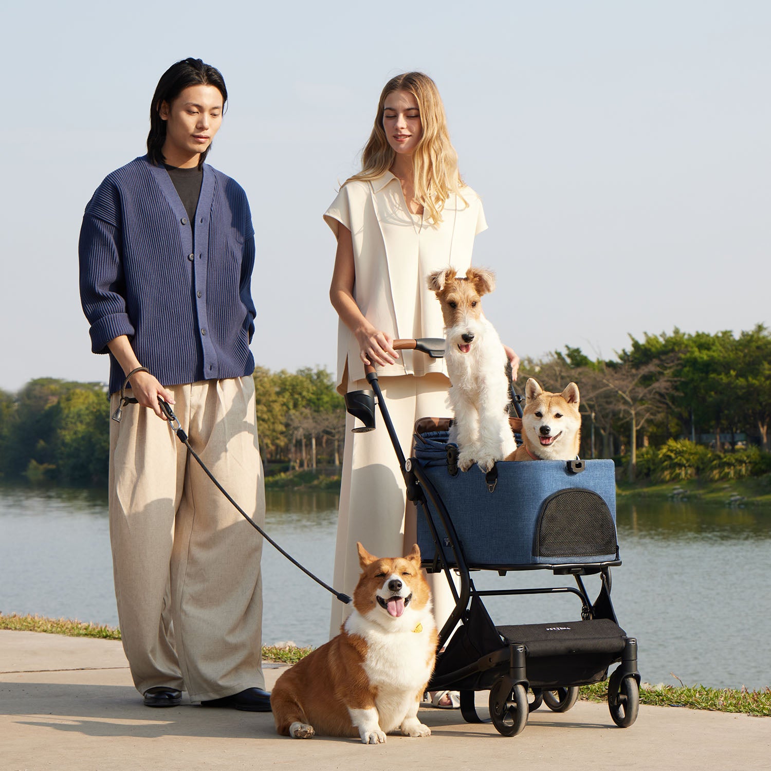PETTENA ワンタッチ折りたたみ式分離型ペットカートMILOUで3頭の中型犬と公園で散歩する写真