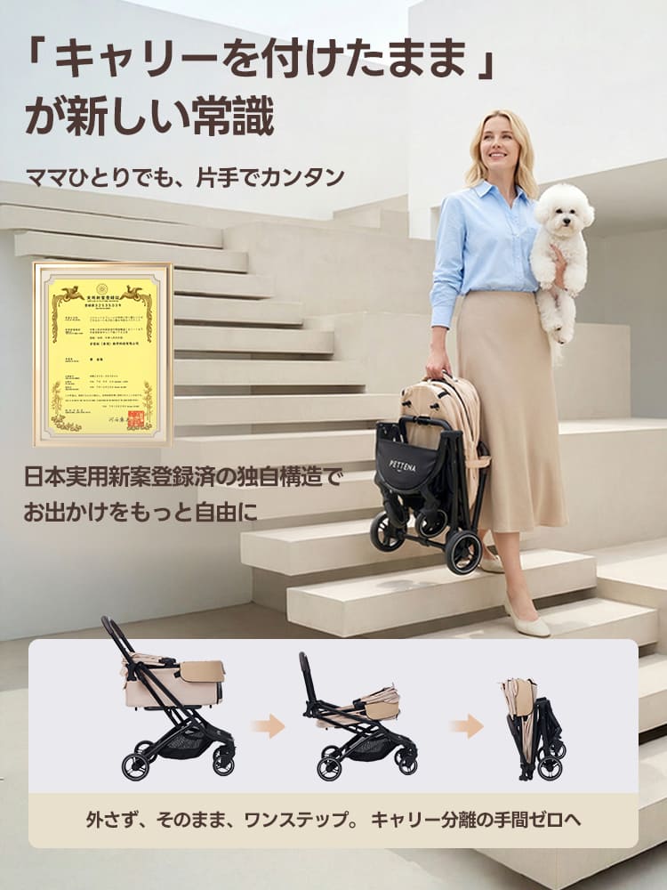 pettena orion日本実用新案登録済みの独自構造により、キャリー分離の手間をゼロに。ママひとりでも片手で簡単に持ち運べる軽さと、ワンステップでの折り畳みを実現。階段や公共交通機関での移動を劇的にスムーズにする最新ペットカートです。