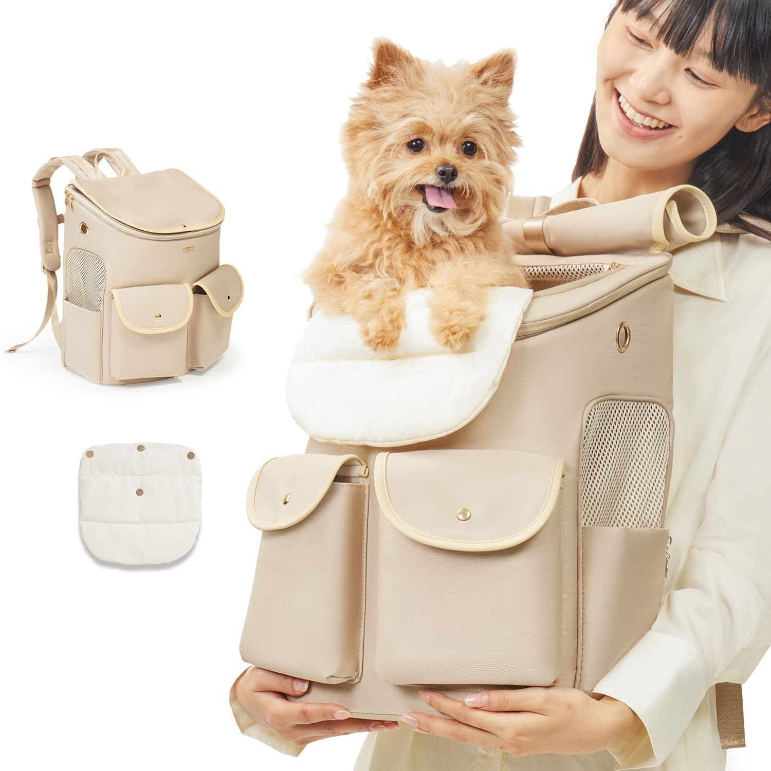 顔を出すのが好きな犬も快適なあご乗せクッション。顎を優しく支えるので、長時間の移動でも疲れにくく、ペットは常に快適な姿勢でいられる。