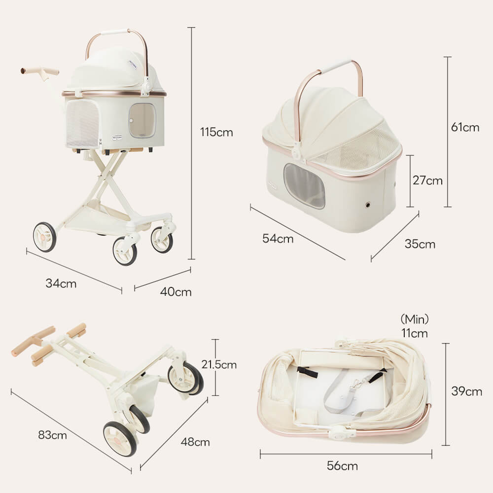 PETTENA 小型犬用折りたたみ式軽量ペットカートELFのサイズ図面