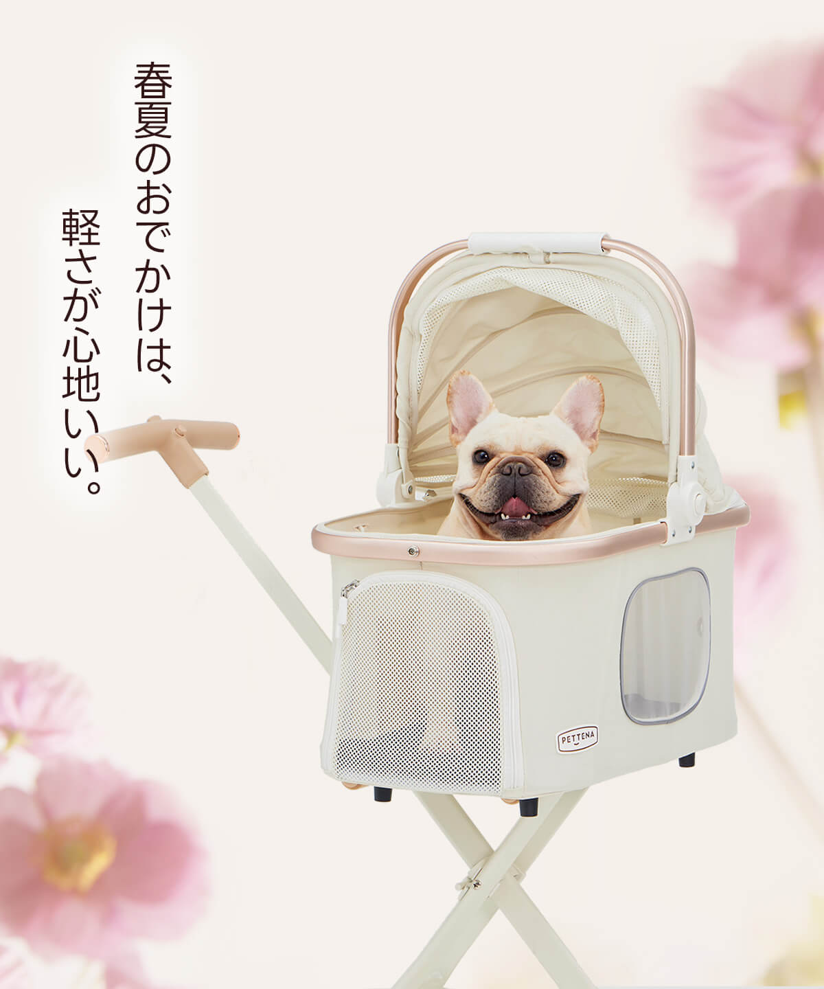 PETTENA 折りたたみ式軽量ペットカートELFで小型犬を乗せる様子