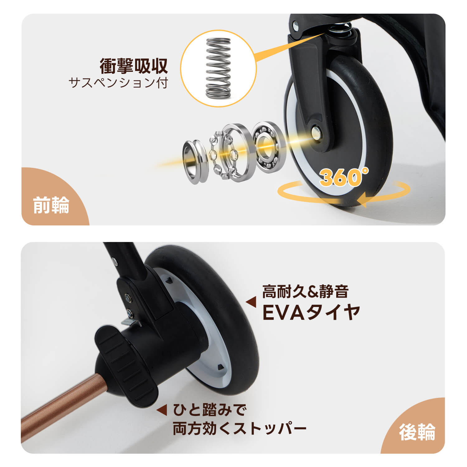 PETTENA 小型犬向け分離型ペットカートKNIGHTの衝撃吸収タイヤの写真