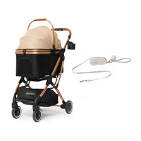 PETTENAのコスパ最高ペットカートKNIGHT(ブラックゴールド)とAirHold伸縮リード。10kgまでの小型犬に対応し、高強度ナイロン織りテープやステンレス製スプリングなど、耐久性に優れた素材を採用しています。ミント(/ブラック/カーキ)とベージュのニュアンスカラーが、飼い主様のファッションにも自然に馴染みます。