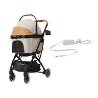 PETTENAのコスパ最高ペットカート(ベージュ)とAirHold伸縮リード。10kgまでの小型犬に対応し、高強度ナイロン織りテープやステンレス製スプリングなど、耐久性に優れた素材を採用しています。ミント(/ブラック/カーキ)とベージュのニュアンスカラーが、飼い主様のファッションにも自然に馴染みます。