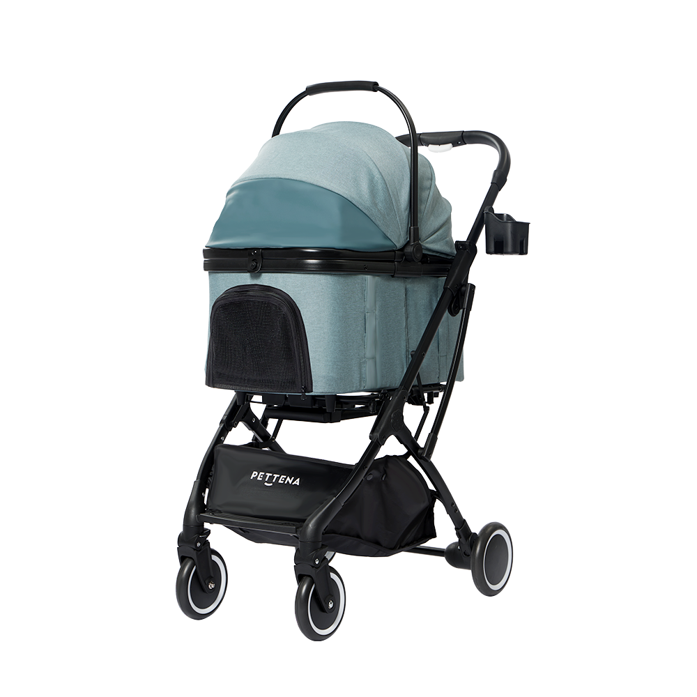 PETTENA KNIGHTに新色ミントブルー登場!4WAY設計でカート、キャリー、ドライブボックス、ペットハウスとして使用可能。ワンタッチ折り畳みで簡単収納。衝撃吸収サスペンションで快適移動を提供し、スタイリッシュなデザインがお出かけを豊かにします。