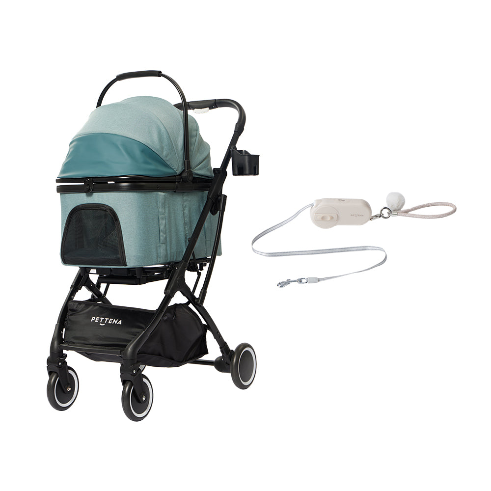PETTENAのコスパ最高ペットカート(KNIGHT)とAirHold伸縮リード。10kgまでの小型犬に対応し、高強度ナイロン織りテープやステンレス製スプリングなど、耐久性に優れた素材を採用しています。ミント(/ブラック/カーキ)とベージュのニュアンスカラーが、飼い主様のファッションにも自然に馴染みます。