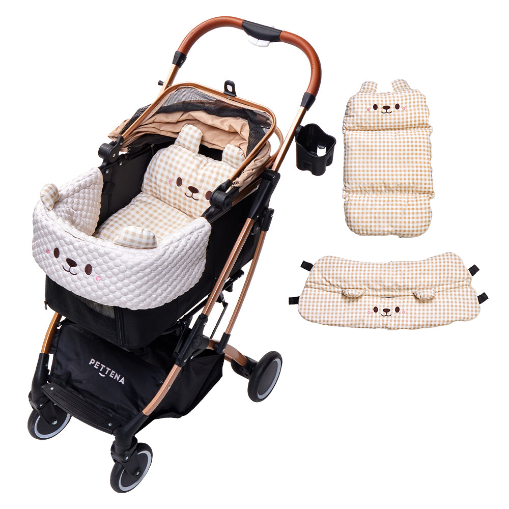 PETTENA KNIGHTペットカート、愛犬愛猫快適クッション付き!ベアデザインでリラックス空間。ショッピング・散歩時疲れない。ワンタッチ折り畳みで収納簡単。耐荷重20KG、多頭・中型犬猫用、自立可能。「冷感生地カーキクッション」で快適お出かけ!