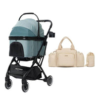 PETTENAのペットカート「KNIGHT」ミントブルー色とベージュの撥水バッグを並べた白背景写真。左側にカート、右側にバッグ単体とポーチを配置した製品紹介図。