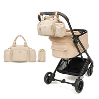 PETTENAのペットカート「ORION」ベージュ色に撥水バッグを装着した背面写真。左側にバッグ单体とポーチを配置。製品の構成を客観的に説明する、白背景の商品紹介画像です。