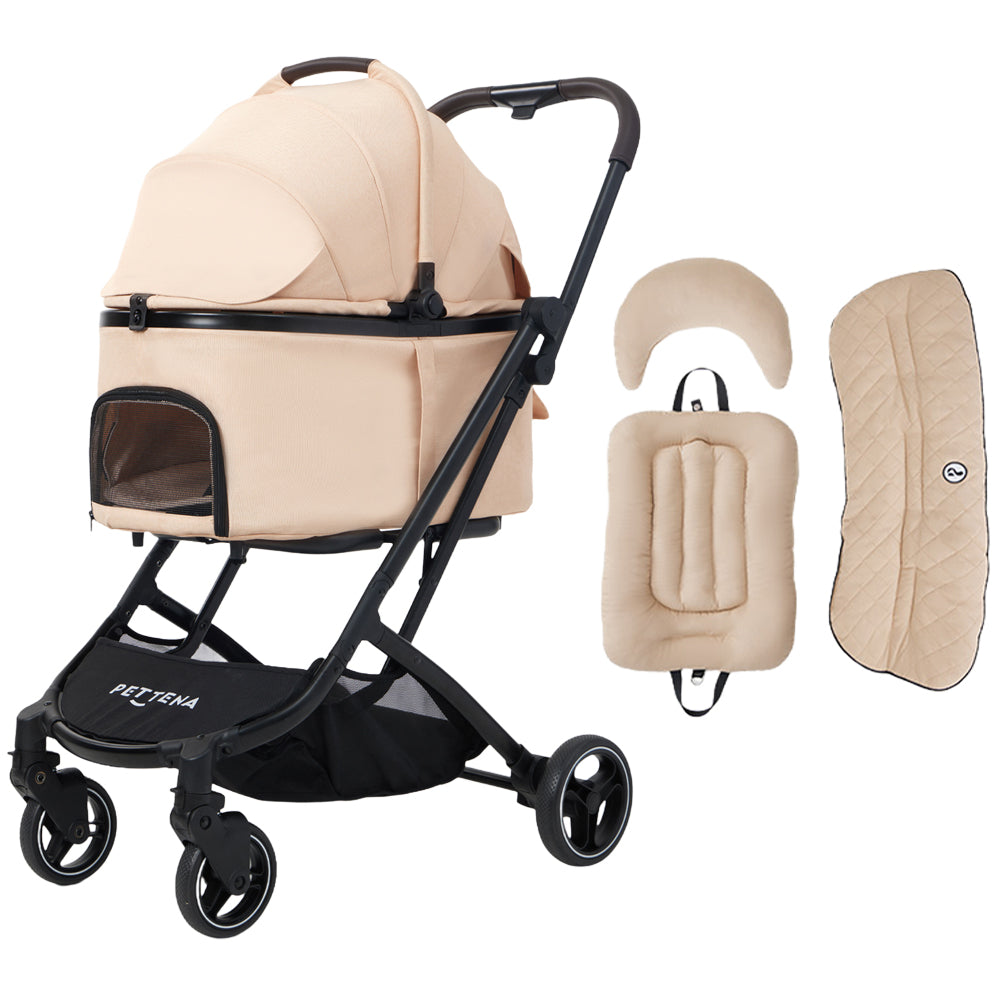 PETTENA orionベージュペットベビーカーと快適クッションセット。優しい肌触りの保温素材がペットのリラックスをサポートし、通気性で長時間の散歩もストレスフリー。
