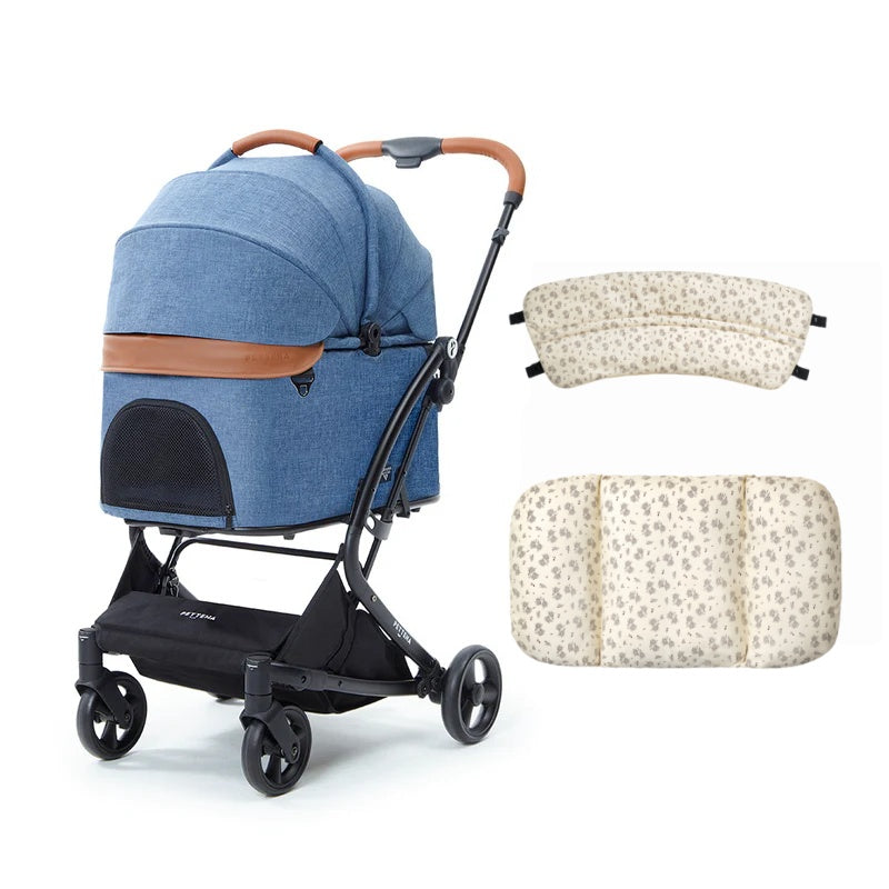 PETTENA milouネービー色ペットベビーカーに花柄セット。通気性メッシュ素材と優しい肌触りの生地が、ペットの体温調節をサポートし、暑い日も寒い日もストレスフリーな移動を実現。長時間の散歩でもリラックスした状態を保てる快適設計です。