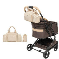 PETTENAのペットカート「MILOU」ココアモカ色にベージュの撥水バッグを装着した背面図。左側にはバッグ単体とポーチを並べた、白背景の客観的な製品紹介写真