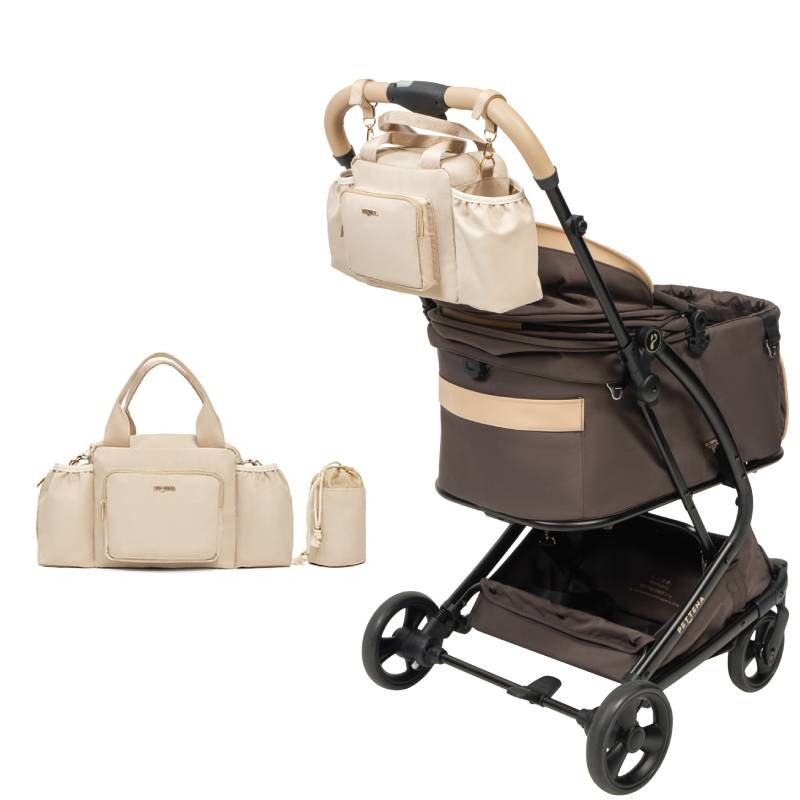 PETTENAのペットカート「MILOU」ココアモカ色にベージュの撥水バッグを装着した背面図。左側にはバッグ単体とポーチを並べた、白背景の客観的な製品紹介写真