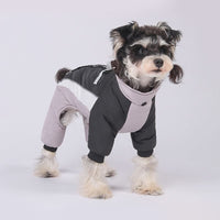 ブラックのペット犬服ぬくぬくアウターのローズ着用例。足首のリブが風の侵入を防ぎ、立ち姿からもわかるスリムなシルエットで動きやすさと保温性を両立しました。