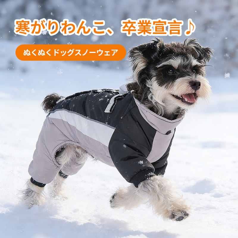 寒がりなわんこも卒業宣言できるドッグスノーウェア。雪の日でも愛犬が元気に走り回れるよう、動きやすさと優れた防寒性を両立させました。