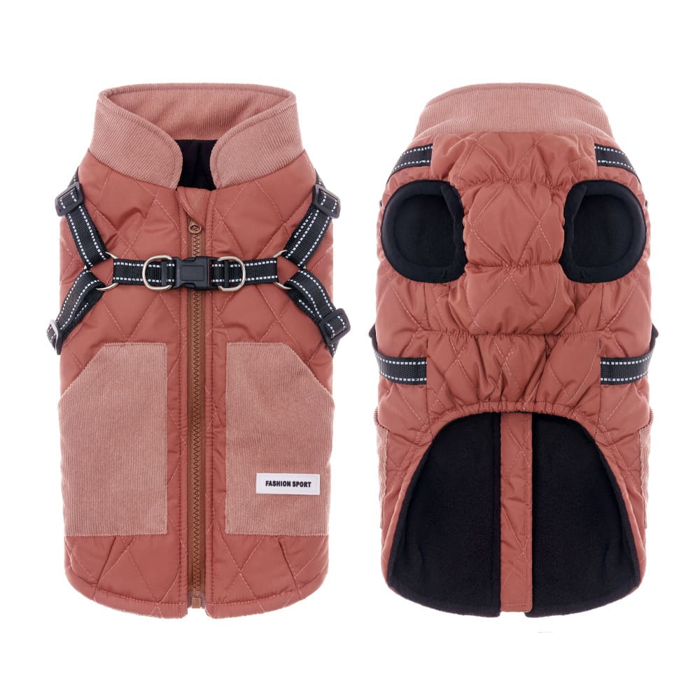 テラコッタピンクのダイヤ柄コットンベスト、背中開きジッパーとハーネス一体型のデザインが一目で分かる、白背景のフロント&バック画像。