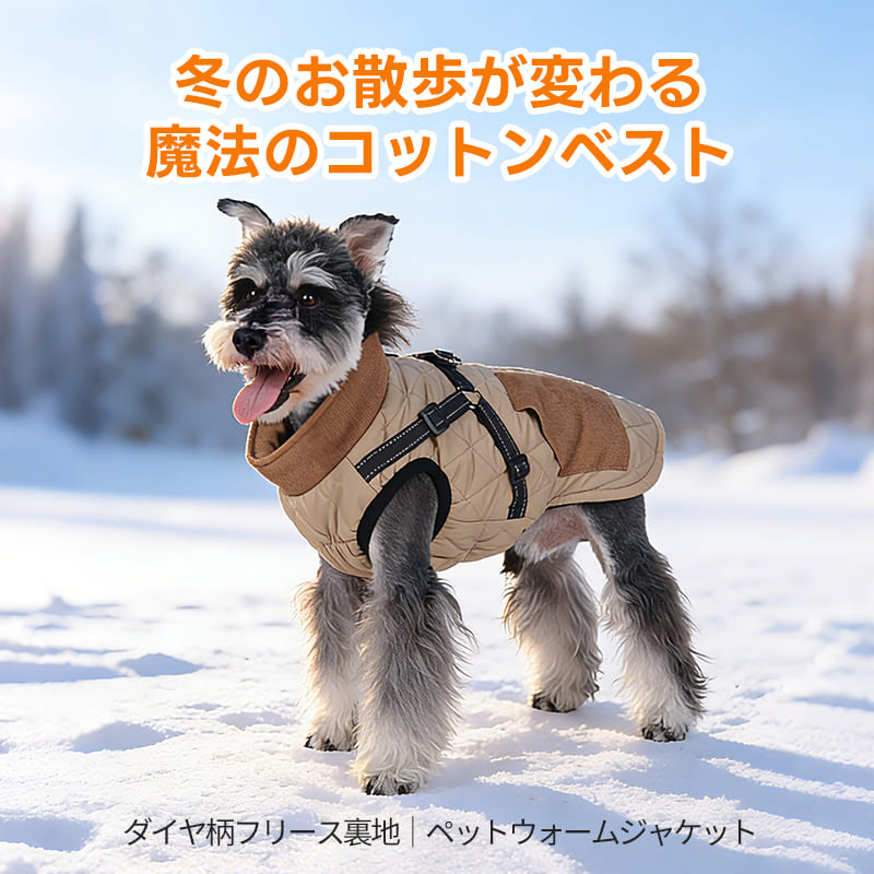 雪原に佇むシュナウザー着用のベージュ色ダイヤ柄コットンベスト、冬の青空に映えるスタイリッシュな防寒デザイン。