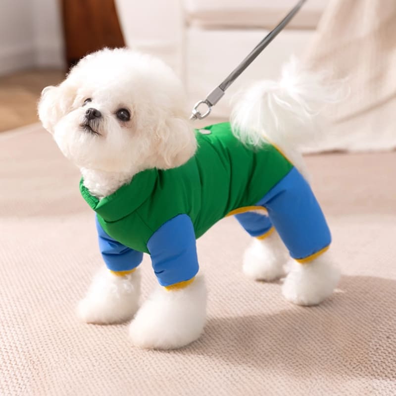 優しい日差しの中で佇む、紫と黄色のパステルカラー配色が可愛い犬用ダウン。足元まで包むロンパース型で、室内でも動きやすい軽やかな着用感。