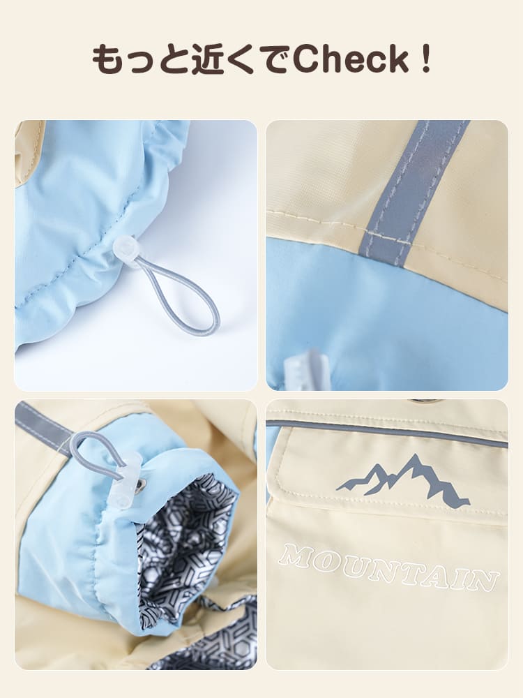 犬用アウトドアジャケットの着用サイドビュー。動きやすさを追求したシルエットで、寒い日のお出かけも快適にするデザイン。