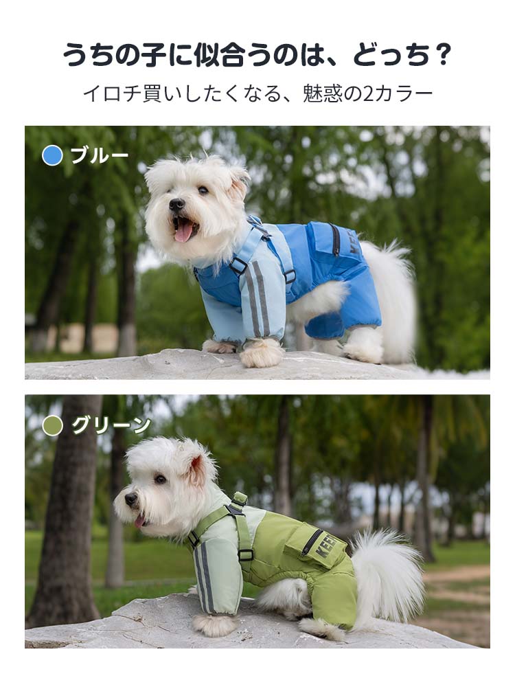 Pettena犬用レインロンパースのカラーバリエーション。鮮やかなブルーと自然なグリーンの色違いを上下に配置した着用イメージ比較。