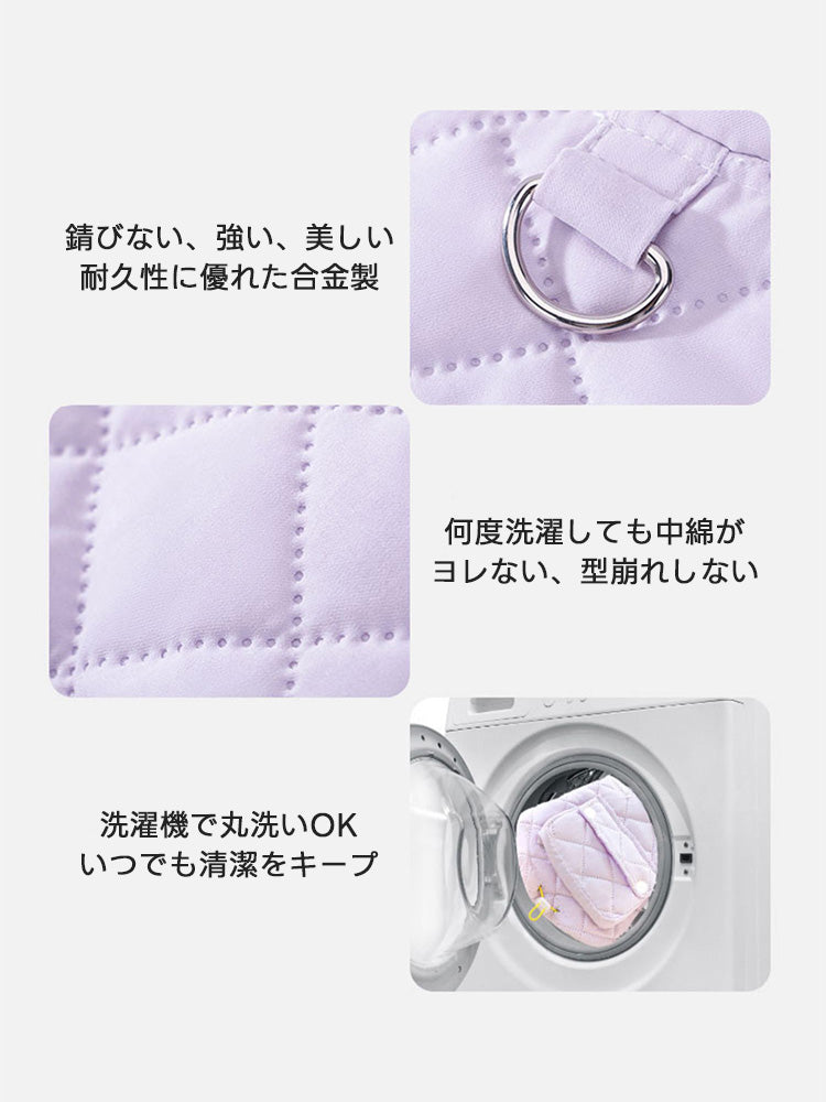 汚れても洗濯機で丸洗いできるイージーケア仕様。何度洗っても中綿がヨレず、金具も錆びに強い耐久性に優れた設計です。