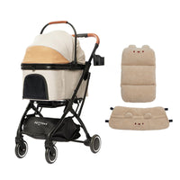 PETTENA knightのベージュペットベビーカーにカーキ色のクマ柄ふわふわセット。優しい肌触りの保温素材がペットの体温を快適に保ち、長時間の散歩でもリラックスした状態をサポートする快適設計です。