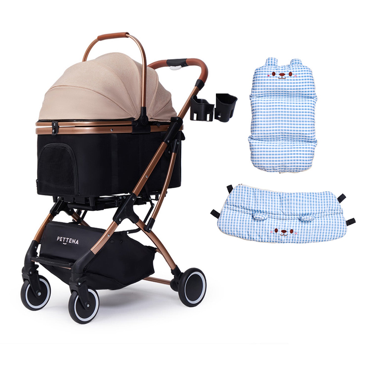 PETTENA Knight ペットカート ブラックゴールド × ブルーギンガムチェックのクマ柄クッションセット。高級感のあるブロンズフレームの車体と、愛犬を可愛く包む爽やかなあごのせマットの組み合わせ。