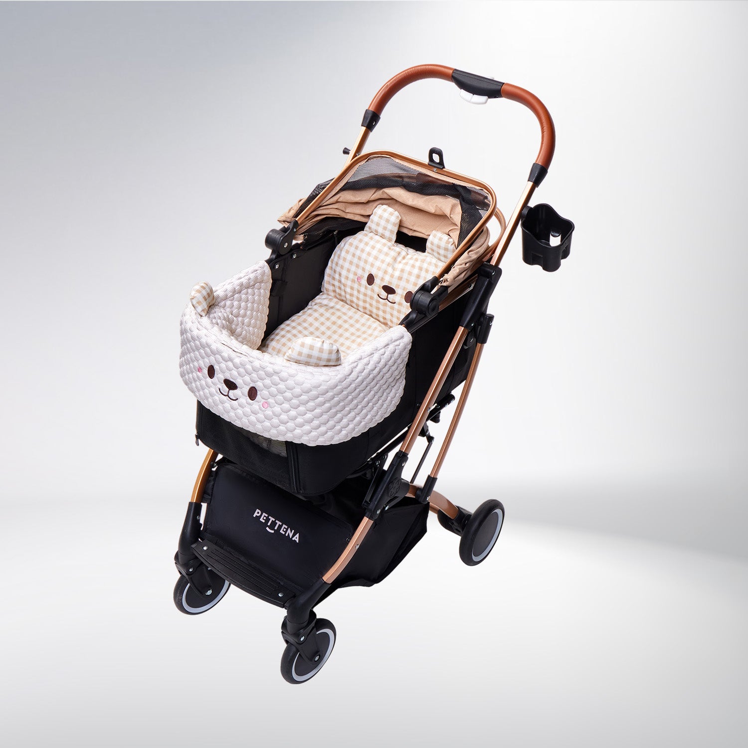 PETTENA Knight ペットカート 冬用ふわもこクマクッションセット。寒い季節も暖かく快適に、ブラックゴールドの車体を可愛く彩る、カートとあごのせマットの特別セット商品。