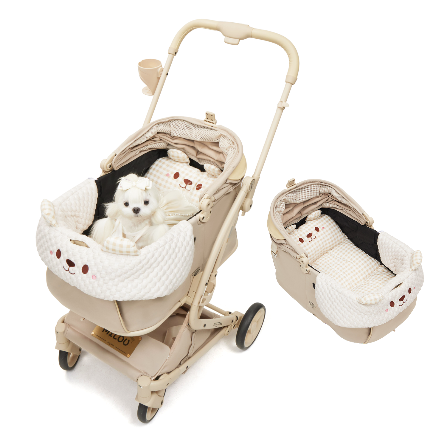 PETTENA milouペットカート(クリームベージュ)と「かわいいクマ(カーキ)」2点セット。カーキのギンガムチェック柄マットと、ぽこぽこ素材の白いあごのせカバーが特徴。愛犬が優しくあごを乗せてくつろげる、おしゃれで快適なデザイン。