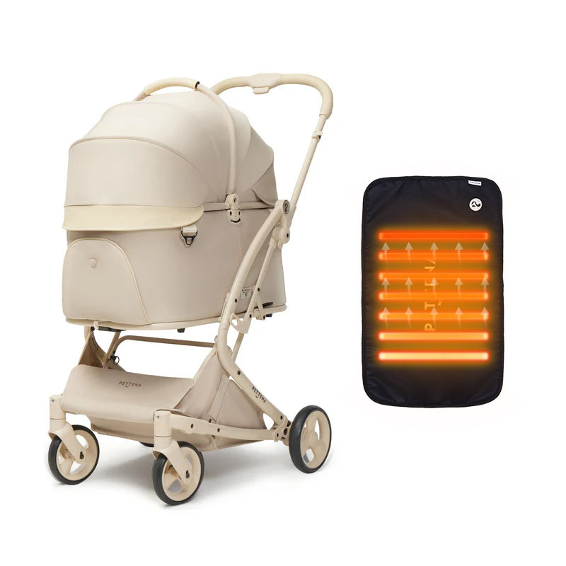 PETTENA milouペットカート(クリームベージュ)とホットカーペットのセット。上品で明るいベージュ。保温機能付きマットが寒がりなペットを優しく包み込み、ずっと乗っていたくなる心地よさを実現。