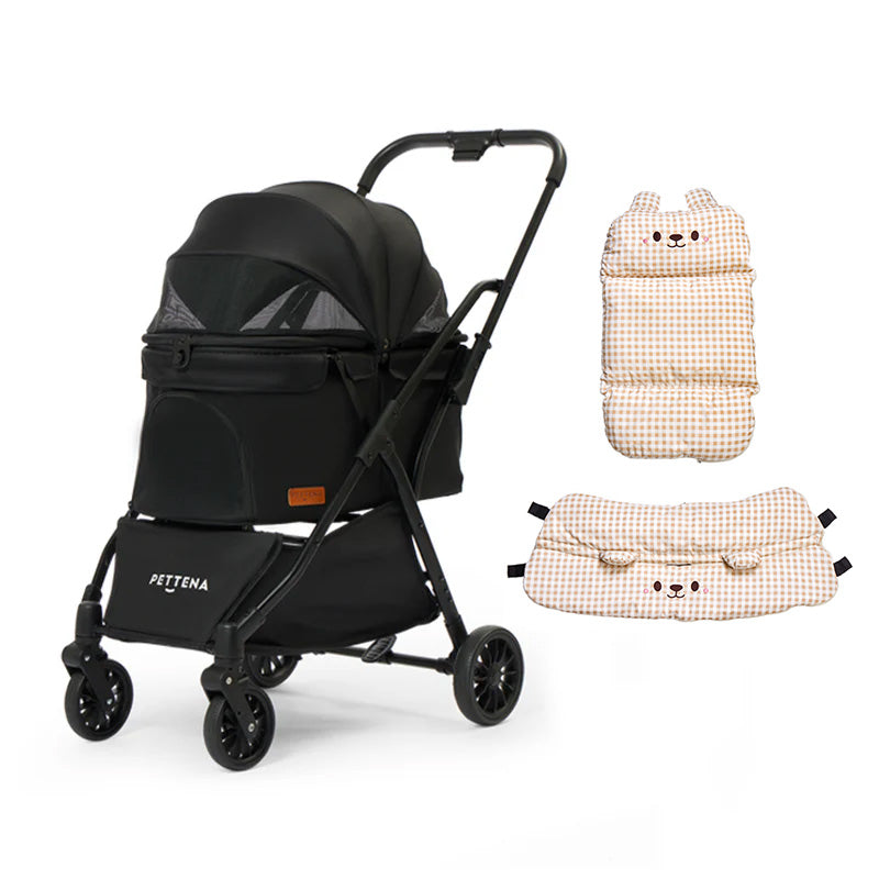 フルクローズで飛び出しを防止する安全設計のPETTENAペットカートNewton(ブラック)と車内の居住性を高める高機能なクマ型クッションのセット