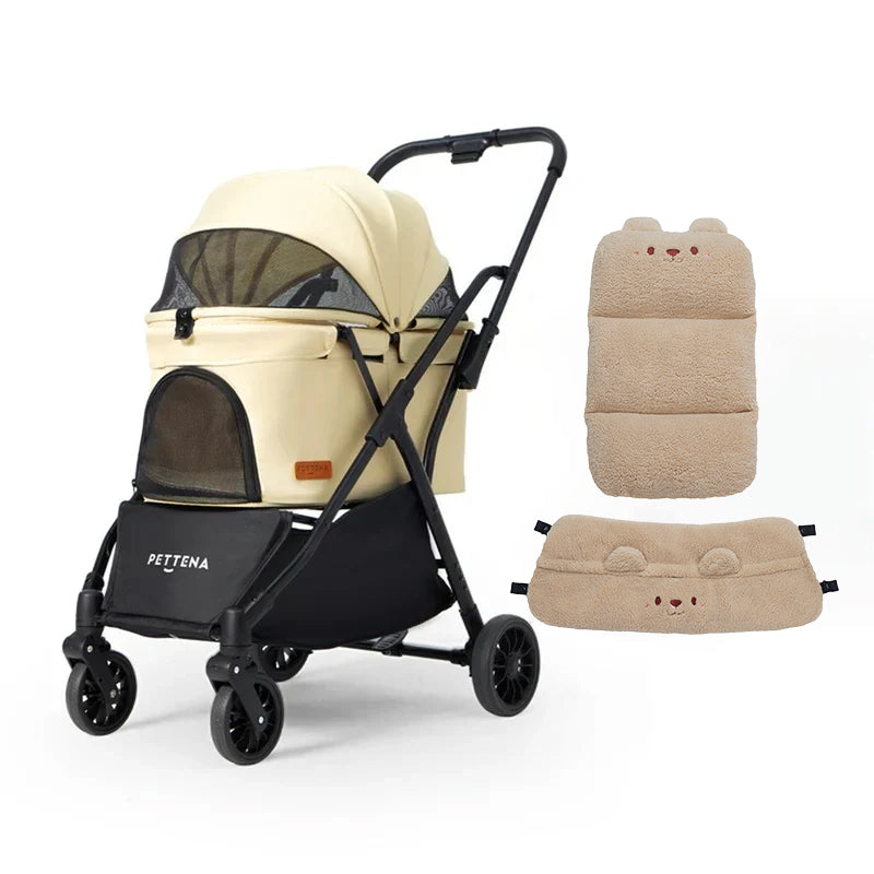 PETTENA Newton ペットカート本体とベージュのクマ付き保温マット・あごのせ枕のセット内容。冬の寒さ対策に最適な、取り外し可能な内装アクセサリーの詳細。