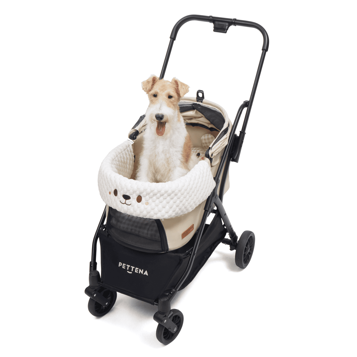 愛犬がリラックスして乗車できるPETTENA Newton(ベージュ)の広々とした居住空間 ふわふわのあごのせクッションが振動を和らげ安全で快適な散歩を実現