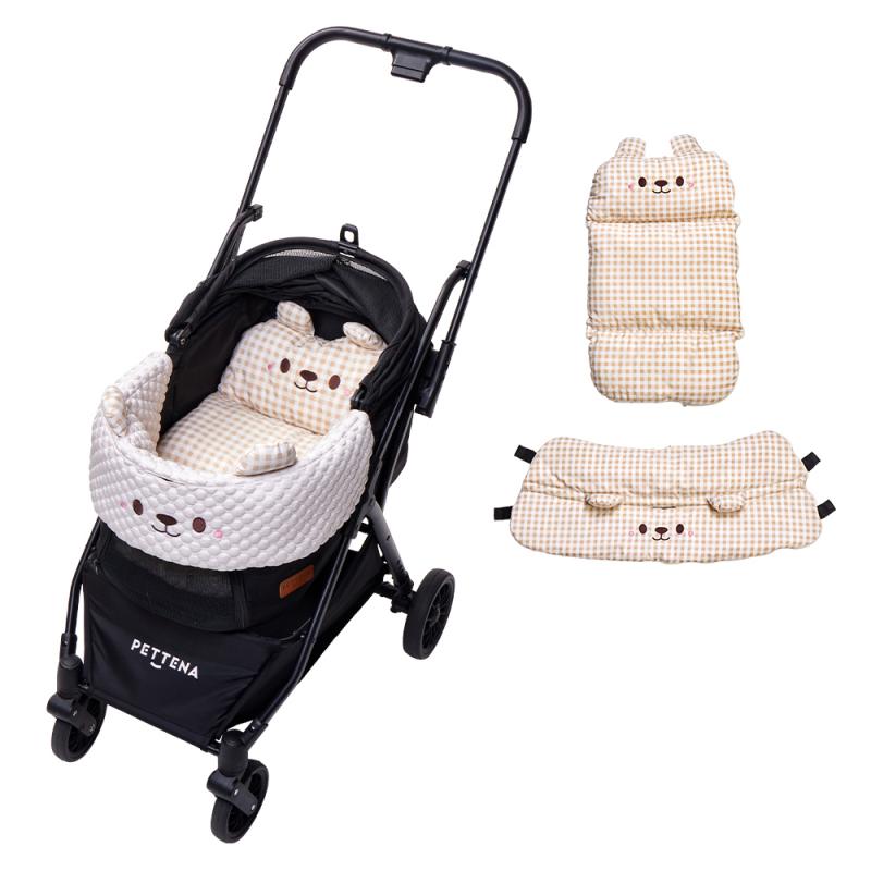 路面の衝撃を吸収し愛犬を安全に守るPETTENA Newton(ブラック)のバスケット内装 かわいいギンガムチェッククマのあごのせガードとふんわりマットで究極の快適さを提供